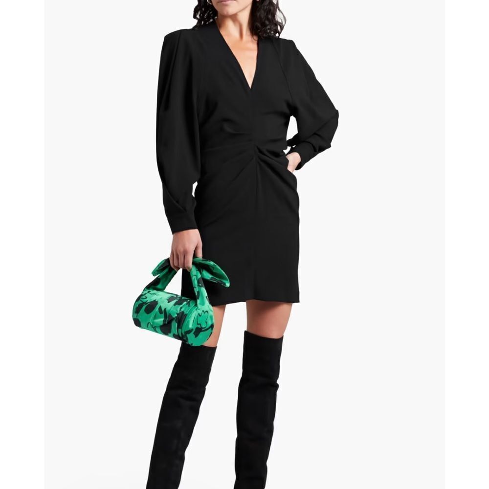 IRO Paris Jaden Black ruched crepe Blousen Long Sleeve mini V Neck dress 36 4 XS